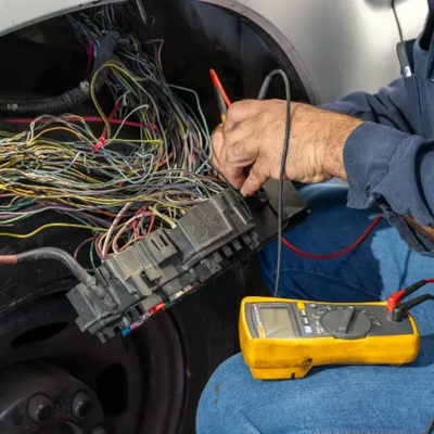 Mechanic testing car wiring for hidden electrical faults